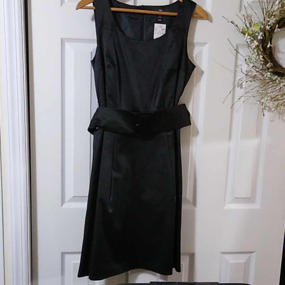 Classic black satin-like dress with belt